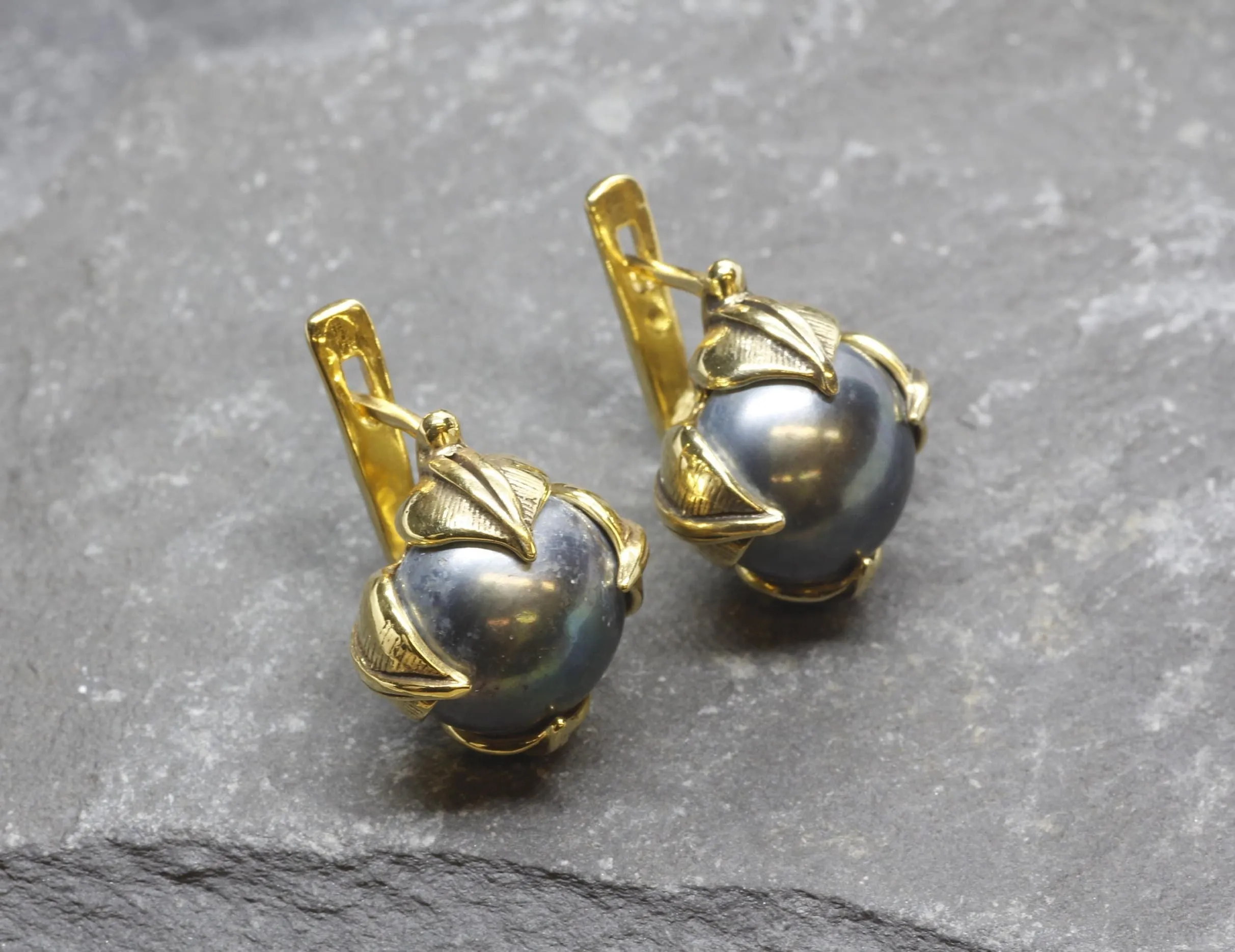 Black Pearl Earrings - Natural Black Pearl, Gold Leaf Earrings